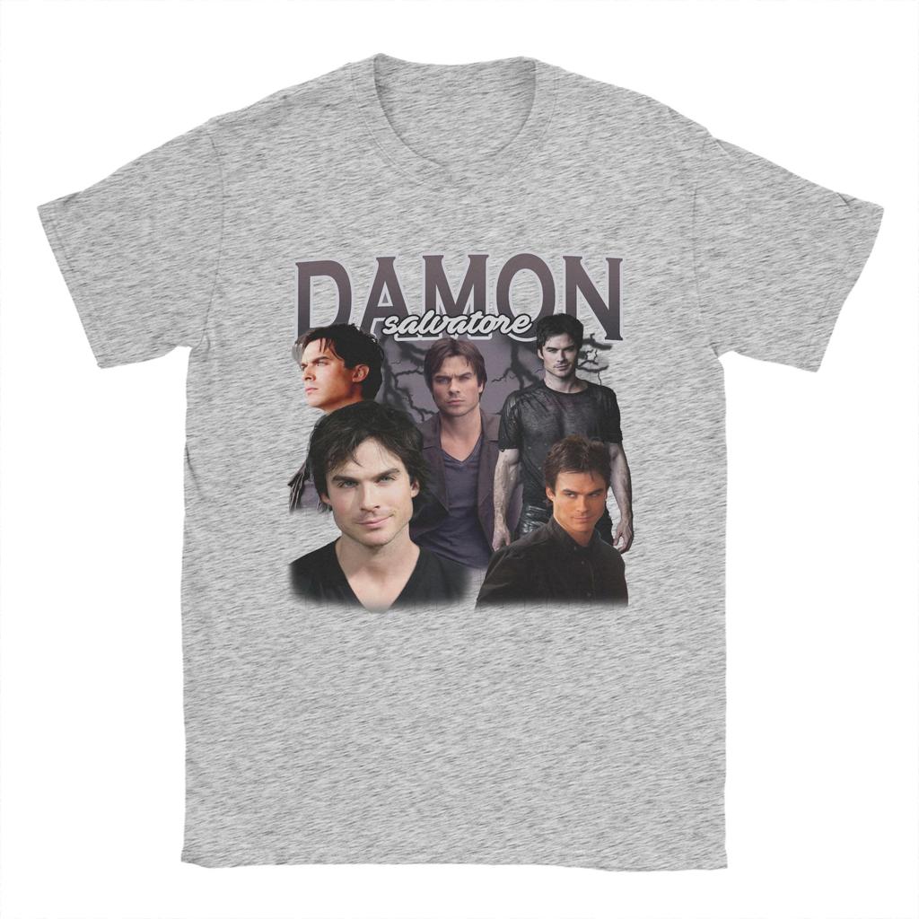 Damon Salvatore TShirts for Unisex Crewneck Pure Cotton T Shirts The Vampire Diaries Ian Somerhalder Short Sleeve Tees Clothing