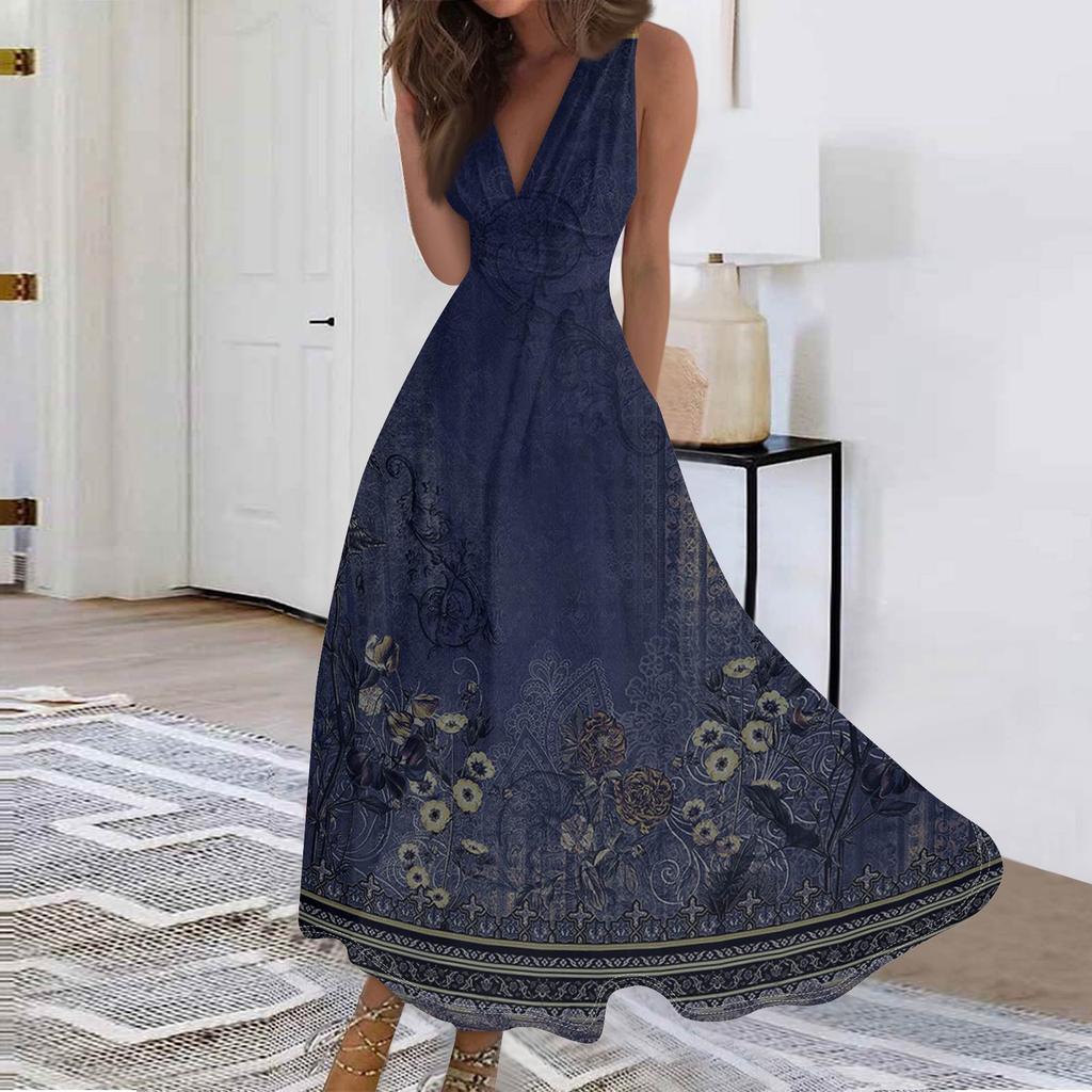Women's Fashion Casual Loose V-Neck Sleeveless Printed Dresses