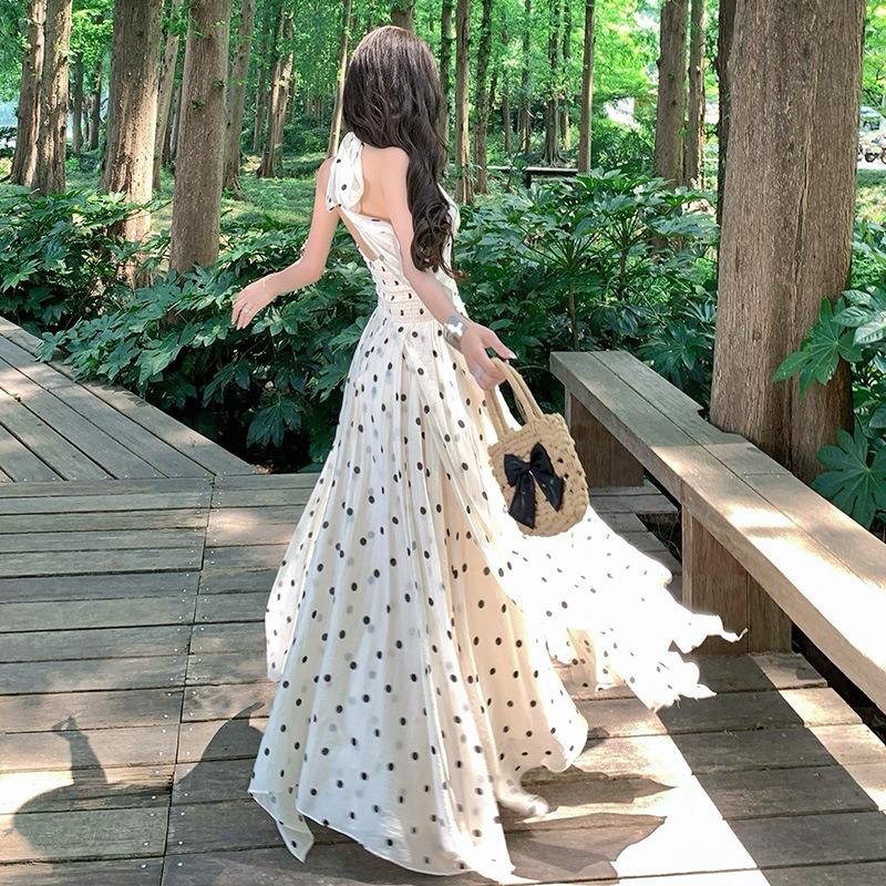 Polka Dot Printing Neck Dress Women's Summer Beautiful Unique Beautiful Vacation Temperament Waist Dress