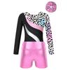 Girls Dance Set Long Sleeve Round Neck Printed Patchwork Leotard Metallic High Waist Shorts Hair Tie Headwear