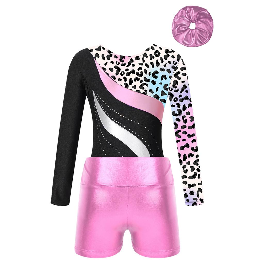 Girls Dance Set Long Sleeve Round Neck Printed Patchwork Leotard Metallic High Waist Shorts Hair Tie Headwear
