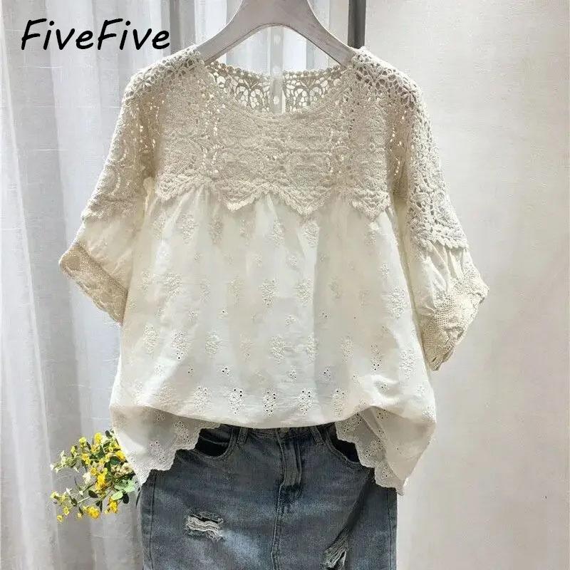 

FiveFive полые женские рубашки с вышивкой, модные свободные рубашки с коротким рукавом, летние удобные повседневные женские топы с круглым вырезом, женская одежда больших размеров