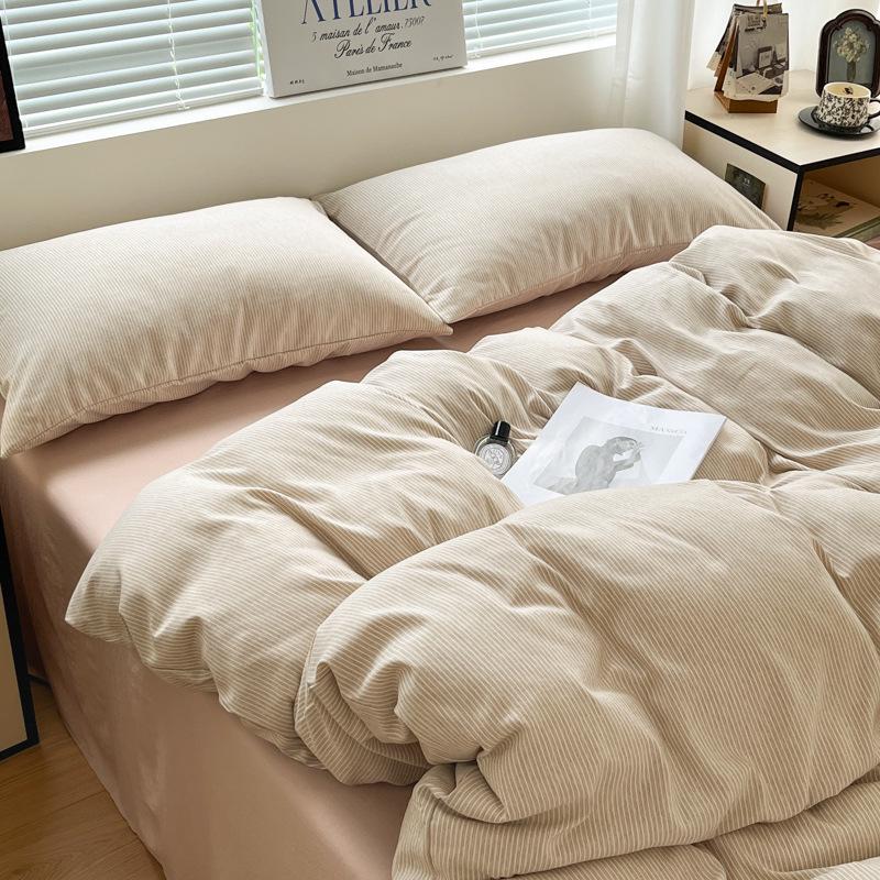 Japanese Minimalist Pure Cotton Bedding Set - Washed Cotton Duvet Cover, Bed Sheet, Dorm-Friendly (3 or 4-piece).