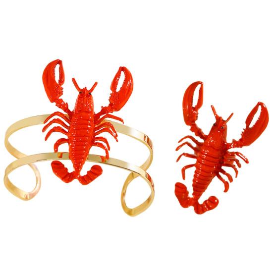 2Pcs Women Bracelet Ring 3D Simulated Crayfish Decor Bracelet Opening Adjustable Finger Band Jewelry Gift 1 Set