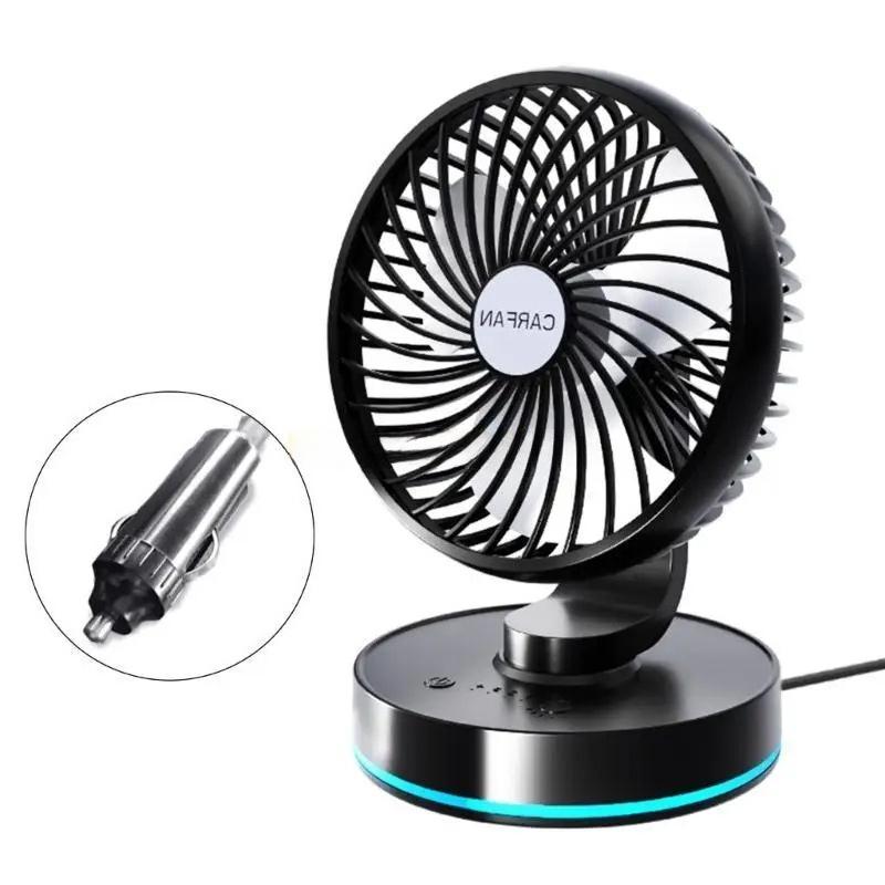 

12/24V Car Cooling Electric Fan Dashboard Fan LED Ambient Light Dual USB Port Single Head 4-Speed Adjustable Wind 12V-Cigarette Lighter