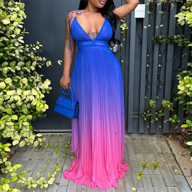 Suer Beach V-neck Halter Suspender Sexy Straps Gradual Change Color Long Dress Dress Dress