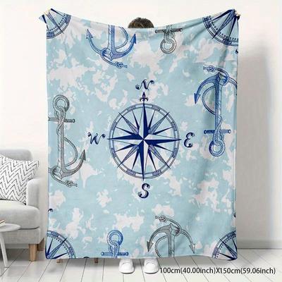 1pc Compass and Anchor Pattern Blanket Polyester Fabric Machine Washable Suitable for Bedroom and Living Room Décor