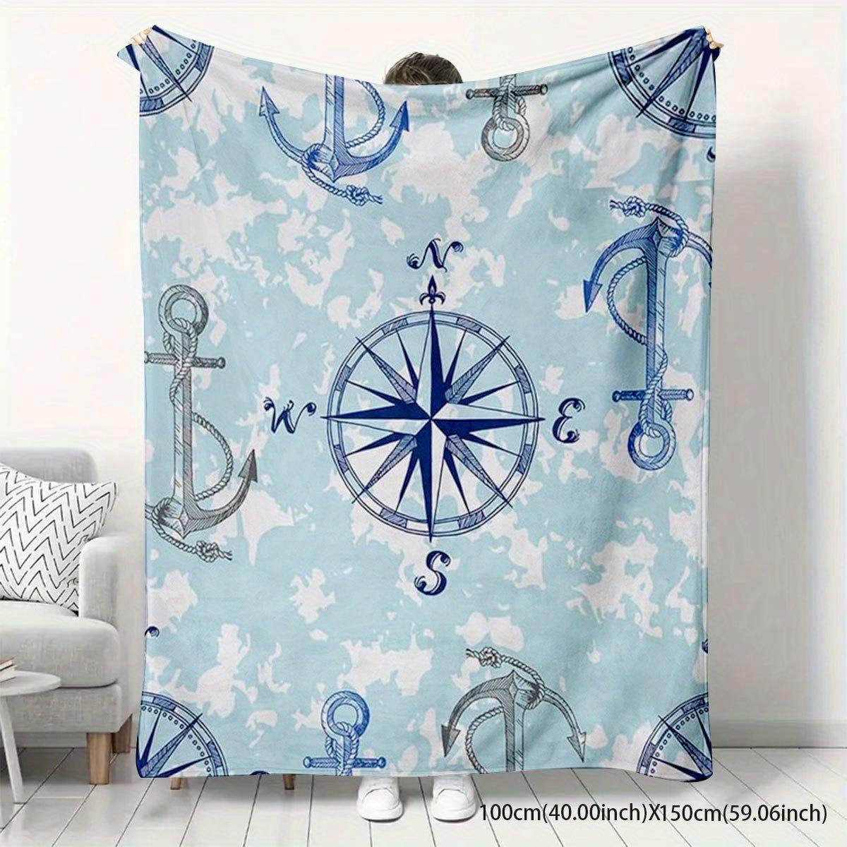 

1pc Compass and anchor pattern blanket polyester fabric machine washable suitable for bedroom and living room décor 75x100cm