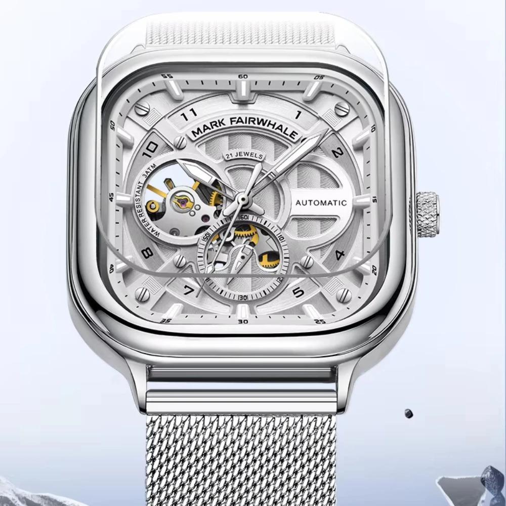 Mark Fairwhale 6014 Herren Automatikuhr Mechanische Uhr Quadratisches Zifferblatt Edelstahl Wasserdichtes Netzarmband Uhren für Herren