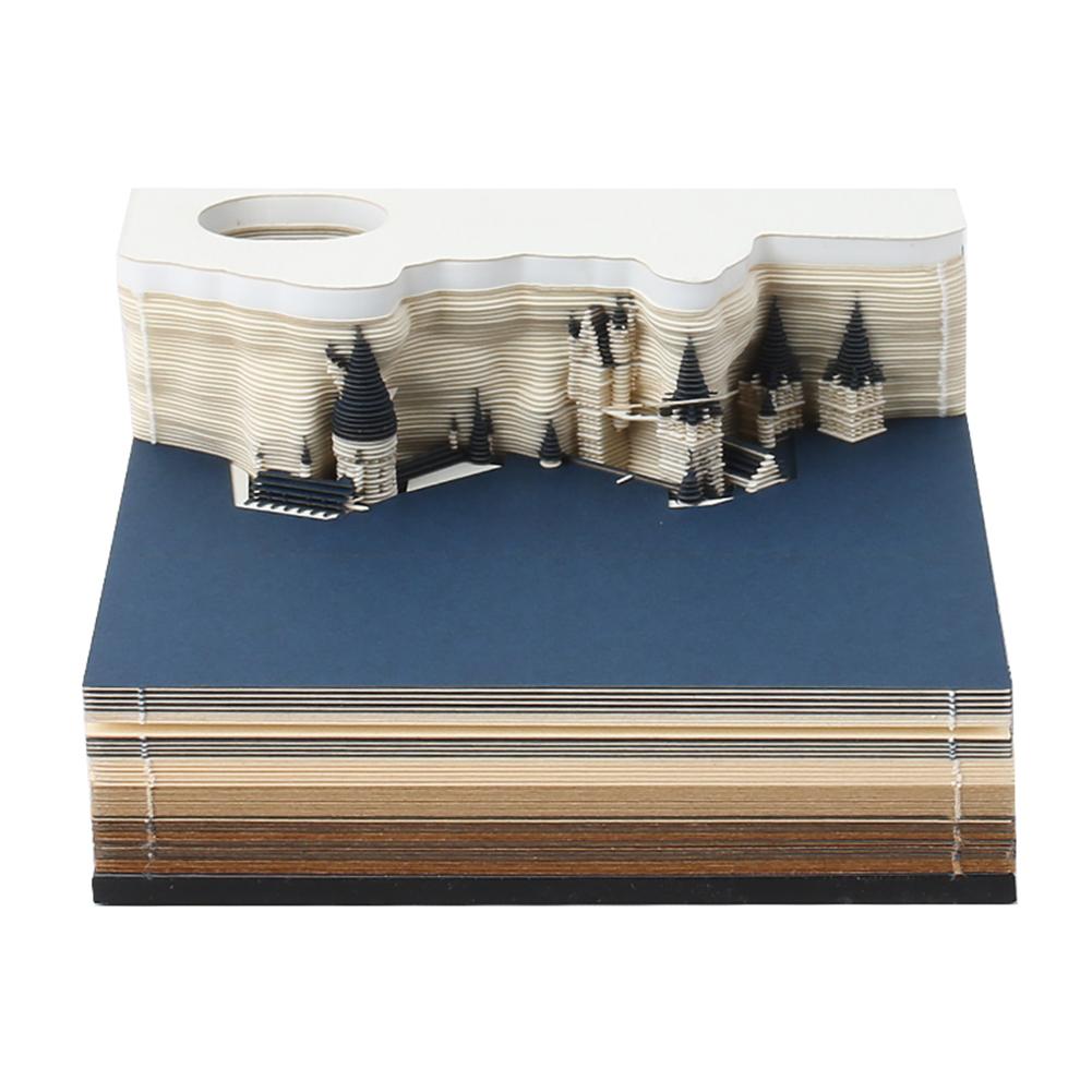 Household Office Magic Castle Weekly Calendar with LED Lights 3D Paper Craft Notepad Desktop Decoration Delicate Paper Ornament