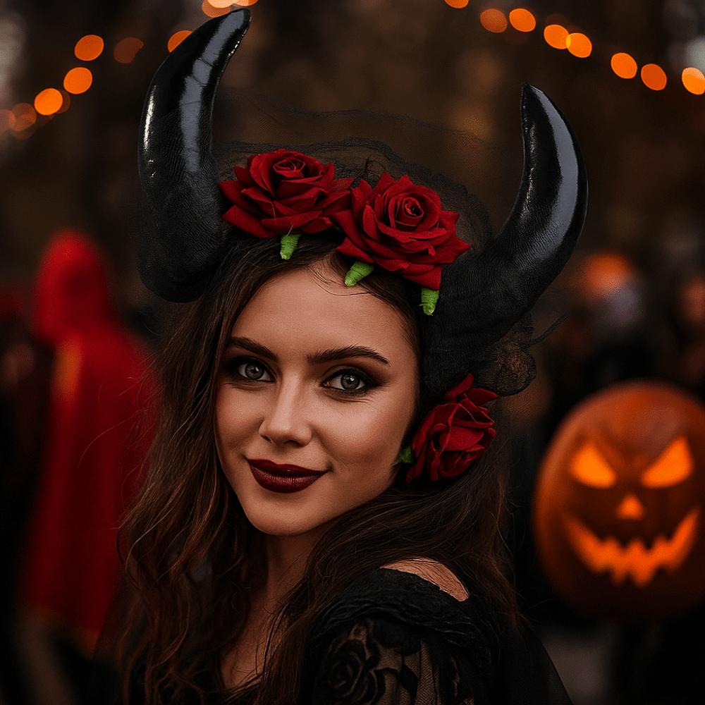 Fashion Sheep Horn Headband Lace Trim Red Rose Headband Halloween Cow Horns Headband  Costume Party