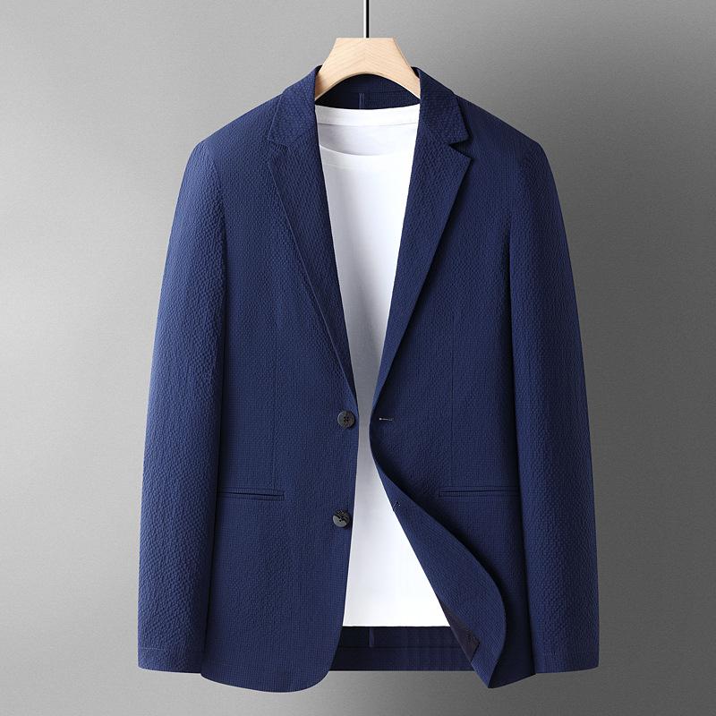 

Весна и осень Микроэластичный легкий роскошный деловой костюм для западных людей среднего возраста и молодежи, однотонный текстурный тонкий костюм 195 синий