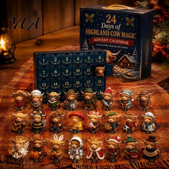 Country House Seasonal Decoration 24 Days of Highland Cow Magic Advent Calendar, Unique Mini Tiered Tray Christmas Decor Figures, Farmhouse