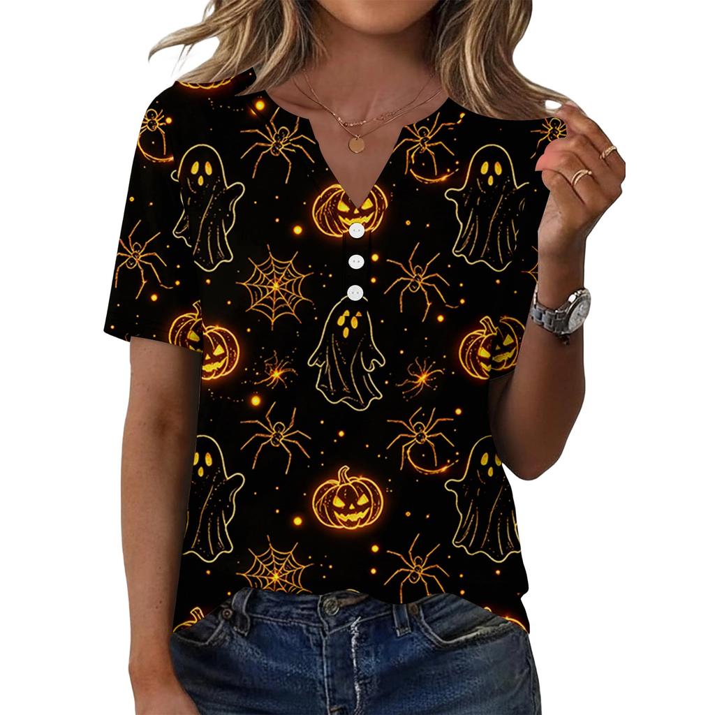 Women's Halloween Print V Neck Short Sleeve Button Front T Shirt Casual Fashion Top for Everyday Wear and Seasonal Events