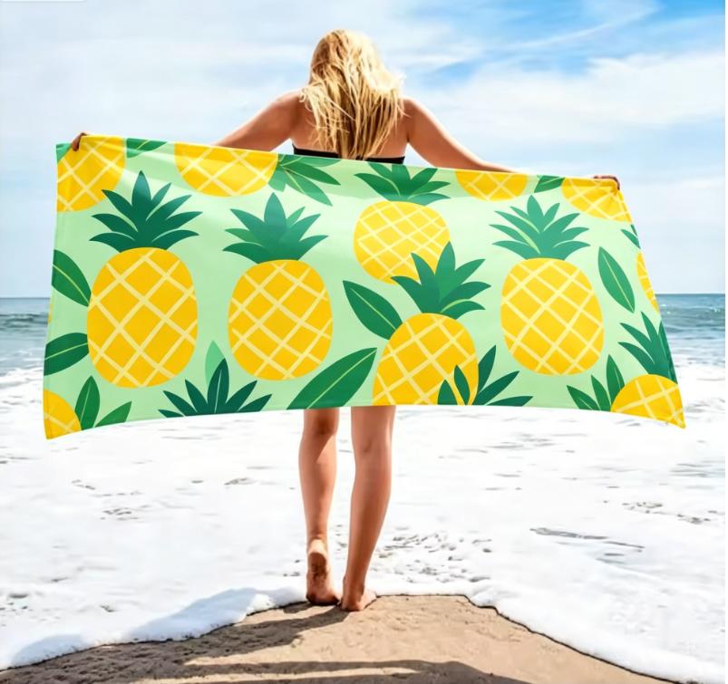 Summer Pineapple Print Beach Towel Large Soft Absorbent Towel Cute Pineapple Pattern Quick-Dry Lightweight Towel for Beach