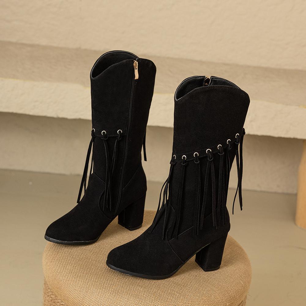 Winter Black Yellow Women Mid Calf Boots Round Toe High Heel Small Big Size 33 52