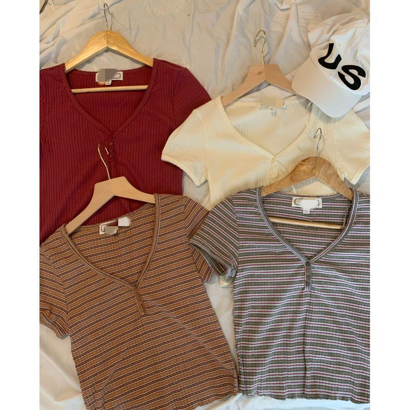 

@ Wai Trade Order BM Style Striped Solid Color Four-Button Short-Sleeved T-shirt Color 3 XS