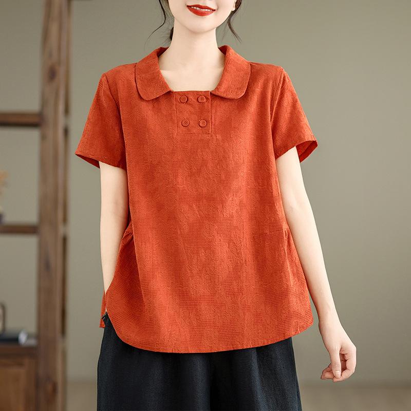 Summer Loose Hemp Collar Short Sleeved Shirt Women's Shirt