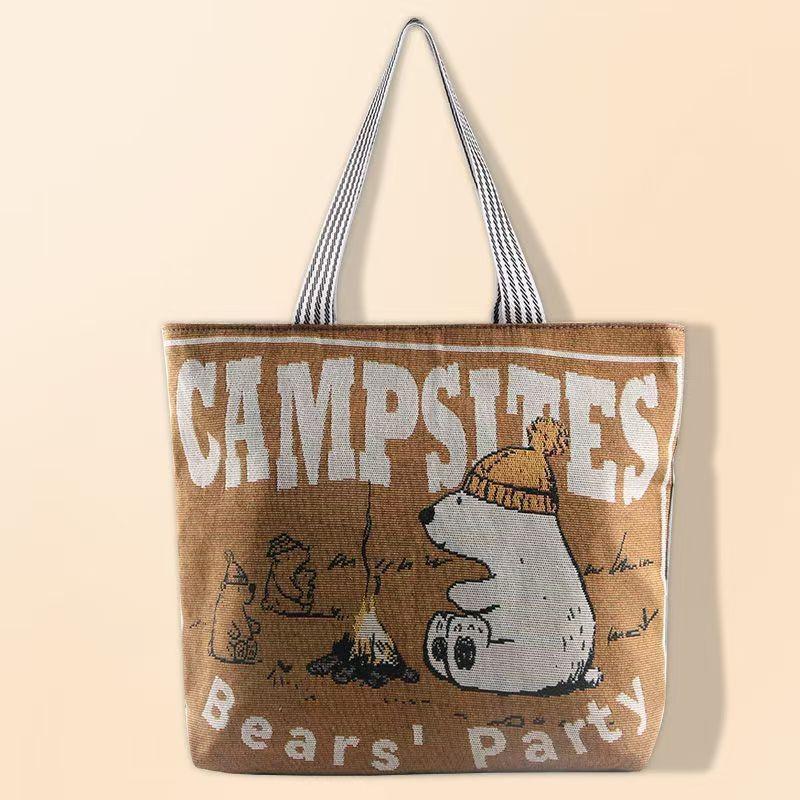 Large Capacity Women's Canvas Tote - Handheld & Shoulder Bag, Cartoon Embroidery Fashion, Perfect for Shopping or Student Use.