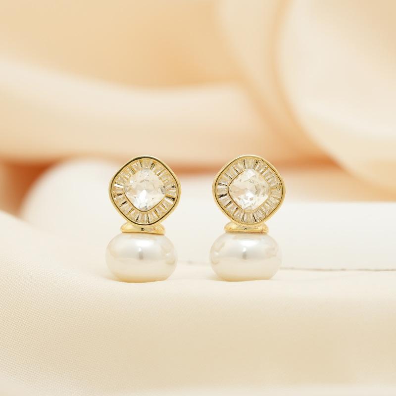 Rhombus Zircon Pearl Stud Earrings High-End Sense Niche Fashion Light Luxury Temperament Earrings Women'S Earrings