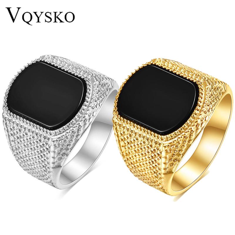 New Fashion Gold Color Chunky Punk Stainless Steel Finger Ring for Men Women Punk Vintage Oval Black Stone Ring