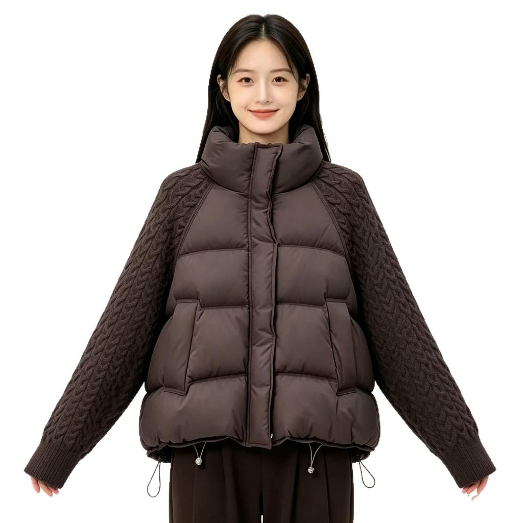 Knitted sleeves thickened down cotton clothes short splicing jackets women's wool stand-up collar zipper winter new cotton clothes