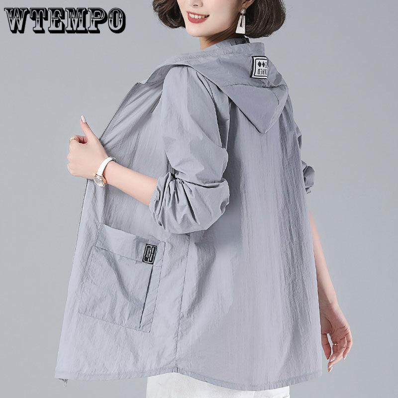 WTEMPO Solid Color Elegant Casual Large Size Zipper Hooded Coats Women's Four Seasons Casual Loose Versatile Windproof Coats with Pockets