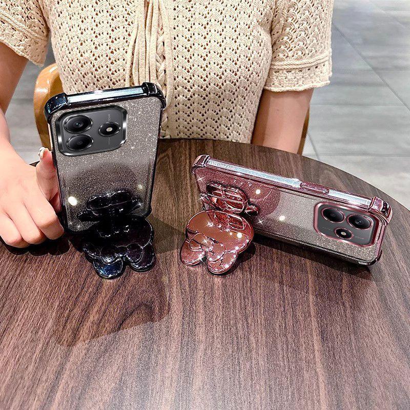 Rabbit Mirror Bracket Phone Case for Redmi Note 14 S Pro 13 Pro Plus 14C A5 with Bracelet Four Corner Airbag Cushioning Shell