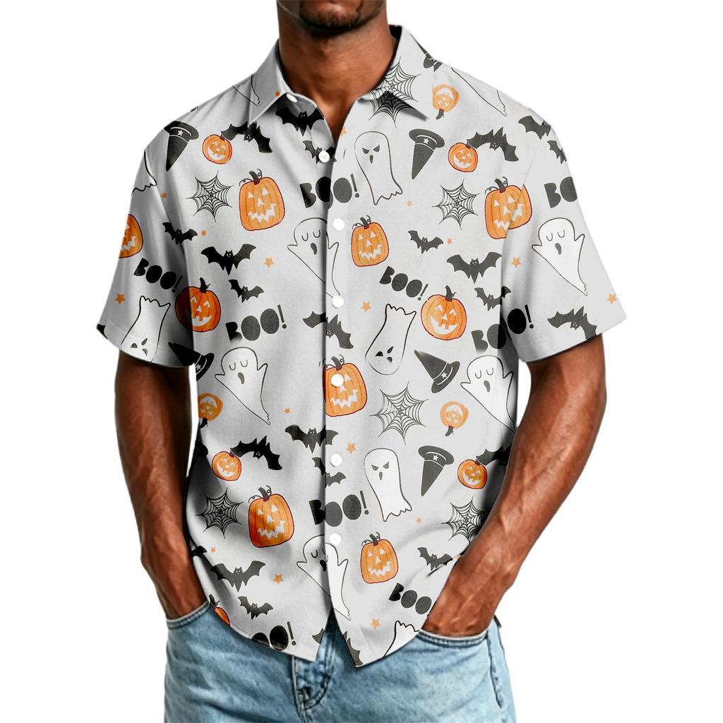 Herren Freizeithemd Kurzarm Button-Down Halloween-Print Leichtes Atmungsaktives Gewebe Lockere Passform Hemd für den Alltag