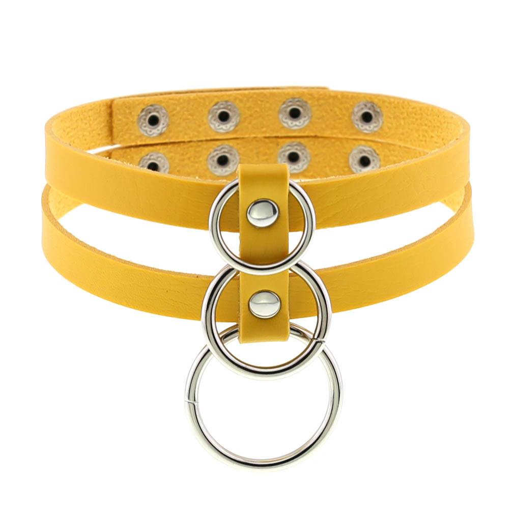 Double Row O-Ring Choker, Punk Two-Row Circular Ring Snap Button Leather Necklace