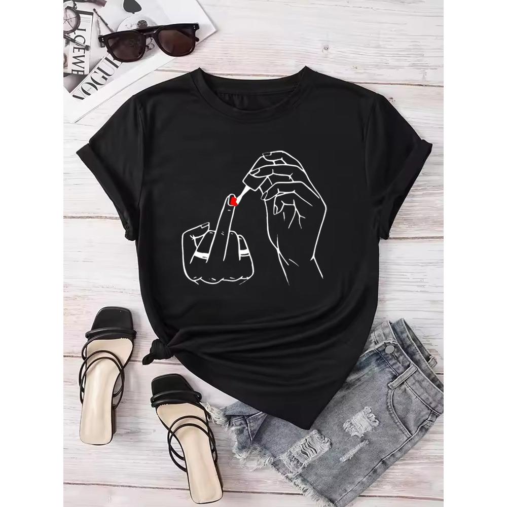 Women Middle Finger Nail Polish Prints T Shirt Summer Comfortable Soft Short Sleeve O-Neck Tops Casual Female Clothes