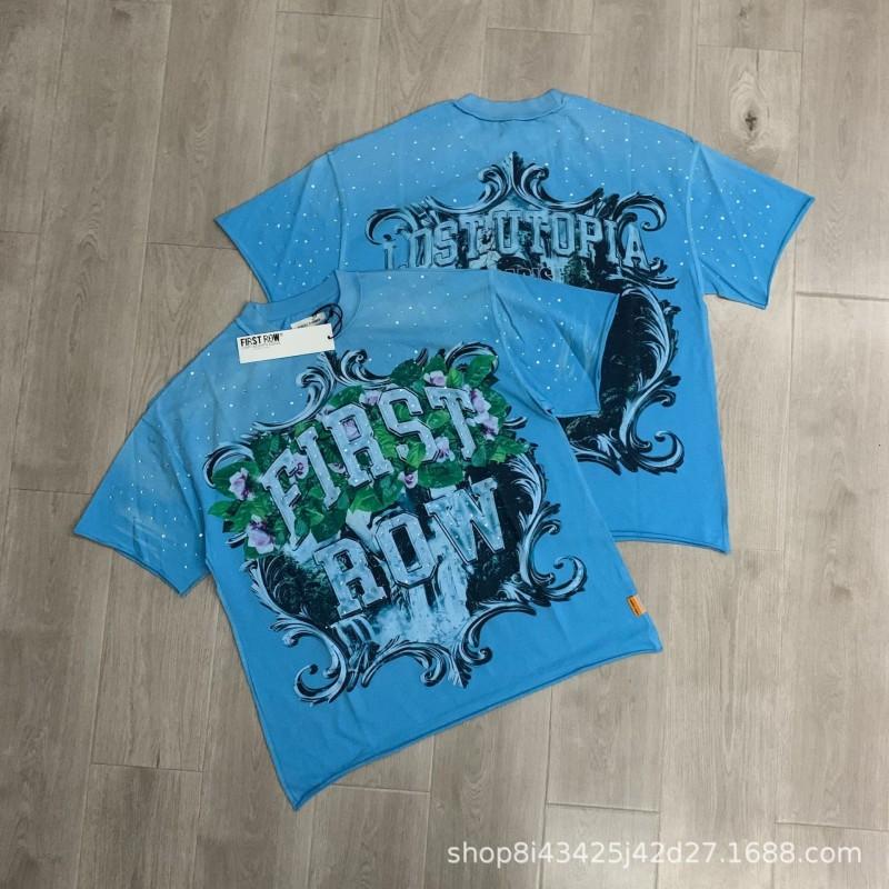 Unisex Oversized Box Fit Cotton Tee With Embroidered Rhinestone Washed Print Round Neck Short Sleeve Casual Top