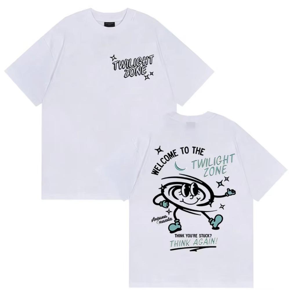 Ariana Grande Twilight Zone Think Again T-shirt Men's Women Cute Cartoon Oversized Cotton T-shirts Vintage High Quality T Shirts