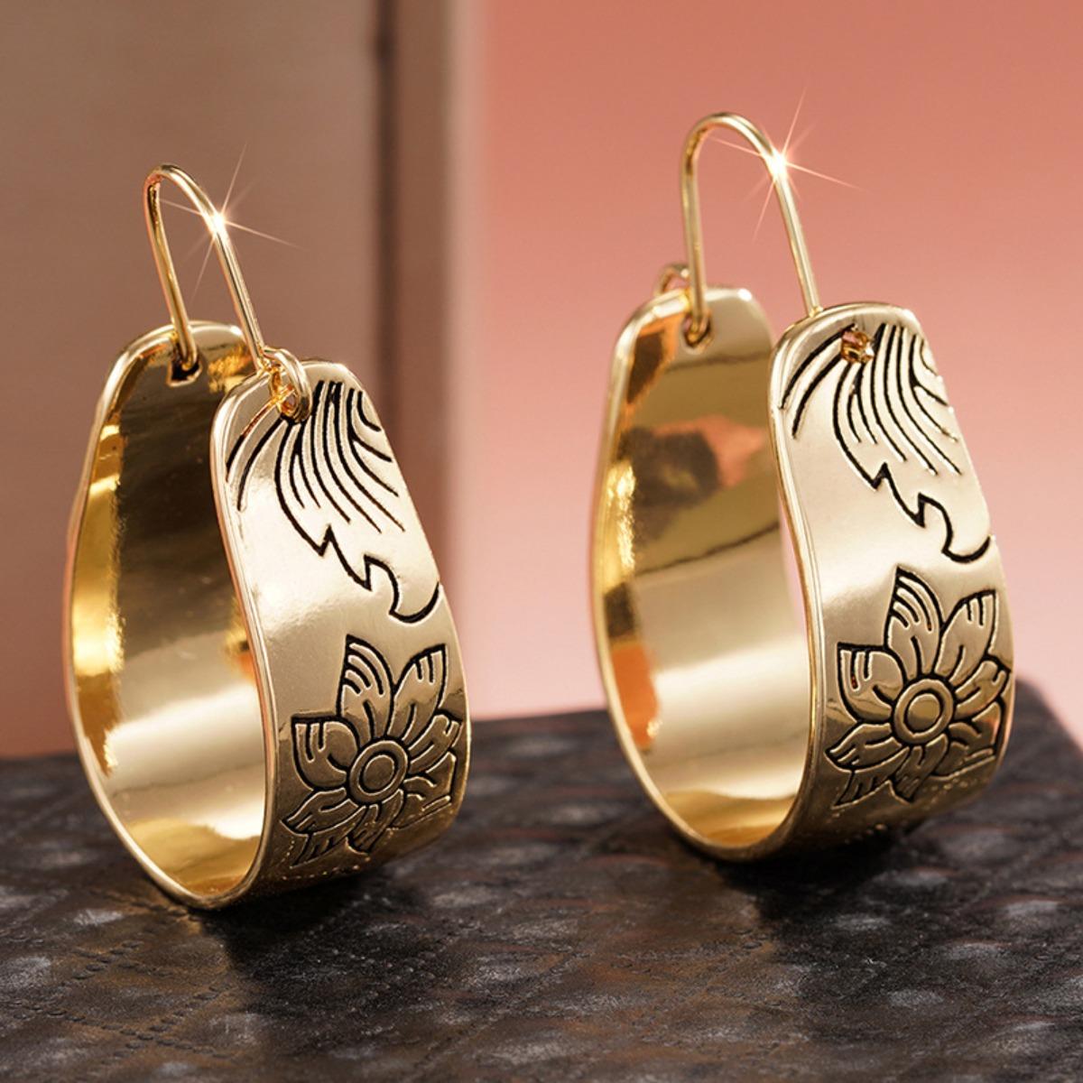 Vintage Floral Engraved Wide Hoop Drop Earrings Elegant Bohemian Style Women Jewelry