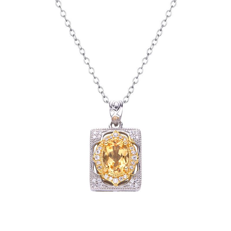 S925 Sterling Silver Inlaid With Natural Topaz Citrine Garnet Colored Treasure Necklace Women'S Simple Retro High-End Pendant