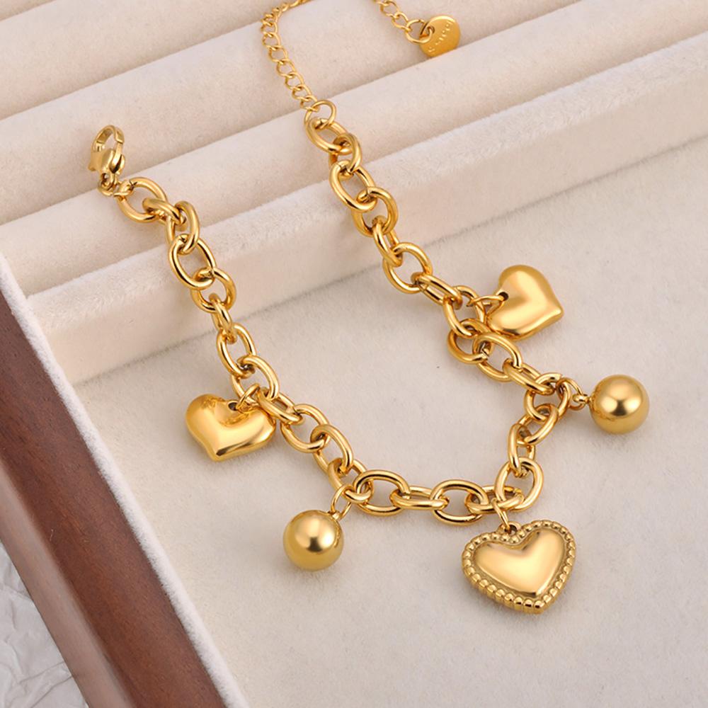 Heart & Round Ball Charm Chain Bracelet 18K Gold Plated Handmade Waterproof Stainless Steel Jewelry for Women
