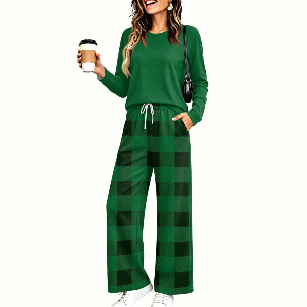 Women's Casual Pajama Set with Pockets Long Sleeve Printed Round Neck Loose Fit Loungewear
