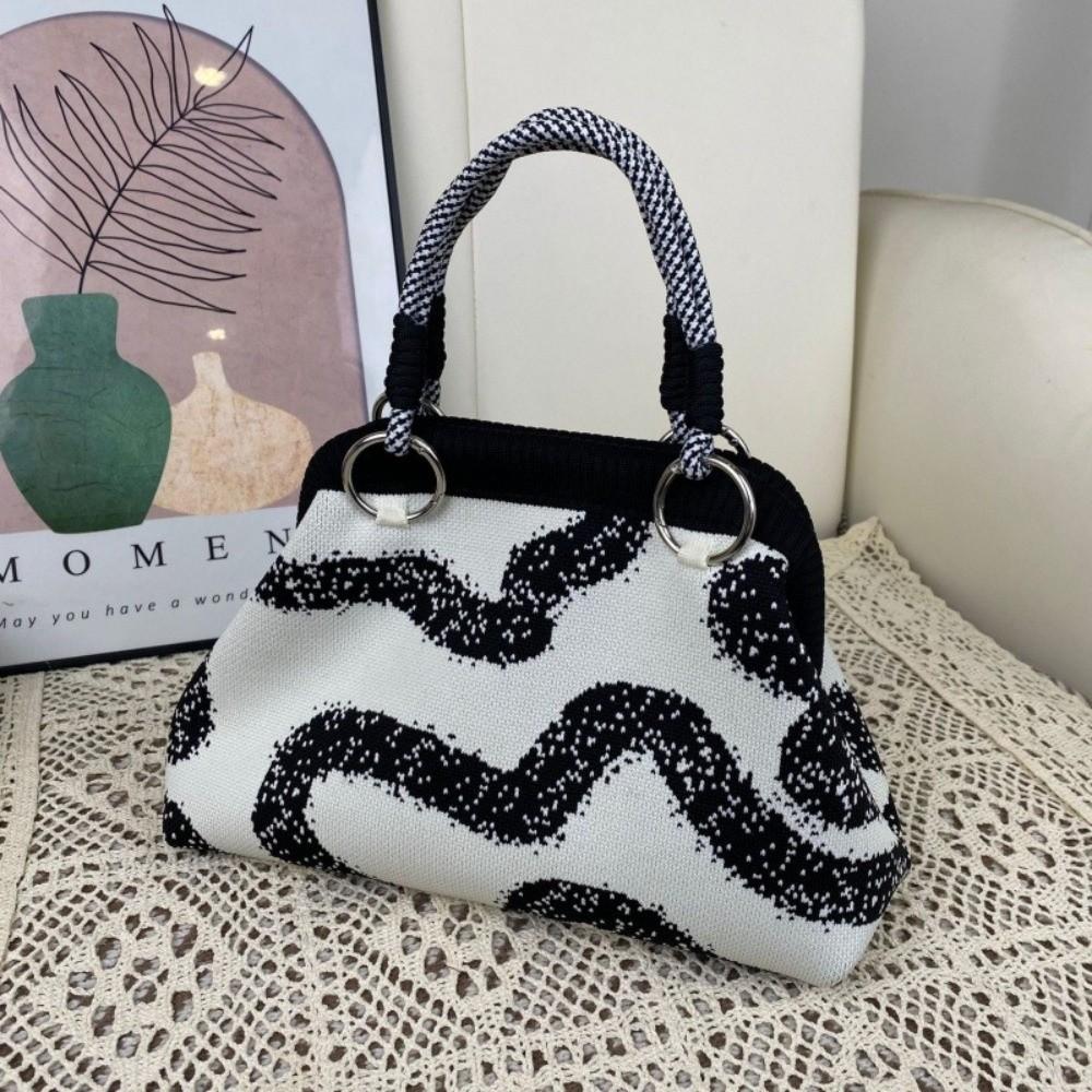 Colorful Print Top Handle Purse Knit Fabric Dumpling Shoulder Bag Cute Woven Handle Handbag  Work