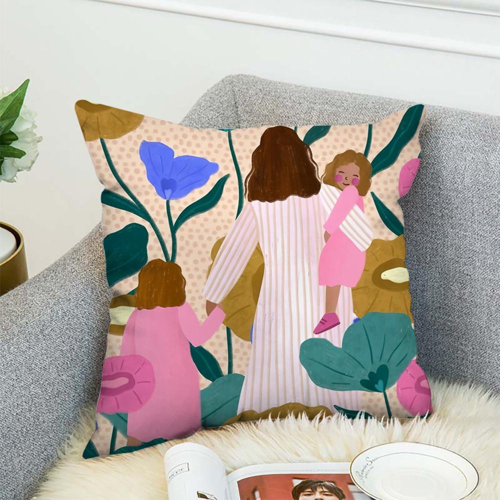 Love Mother Kids Flower Art Pillow Case For Car Sofa Decorative Home Double-sided Print Plush Square Throw Pillow Cushion Cover