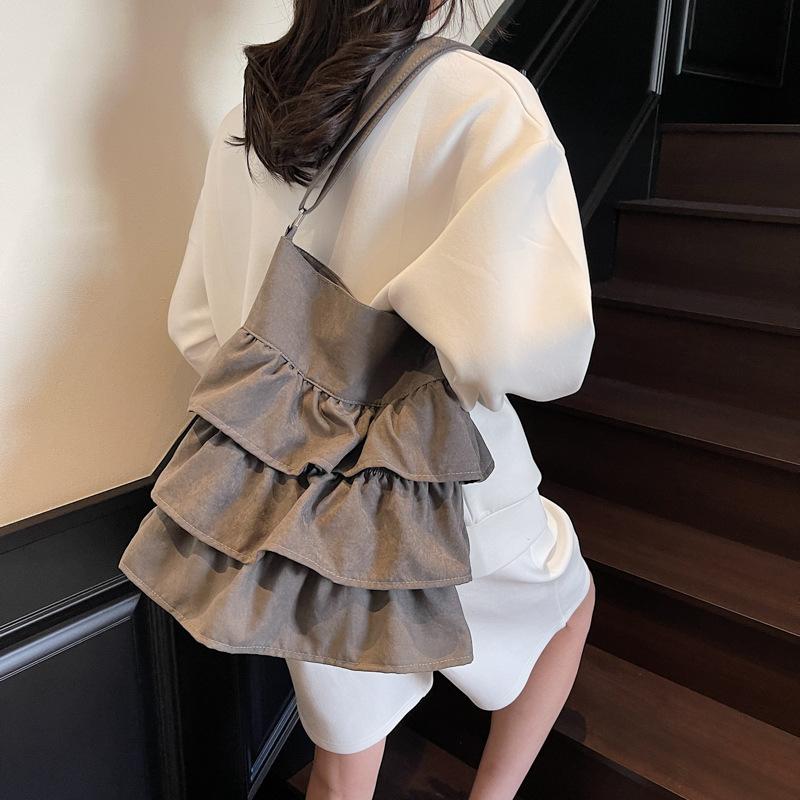 Korean ruffle edge cloth bag women's 2025 new trend fashion niche tote bag large capacity shoulder messenger bag