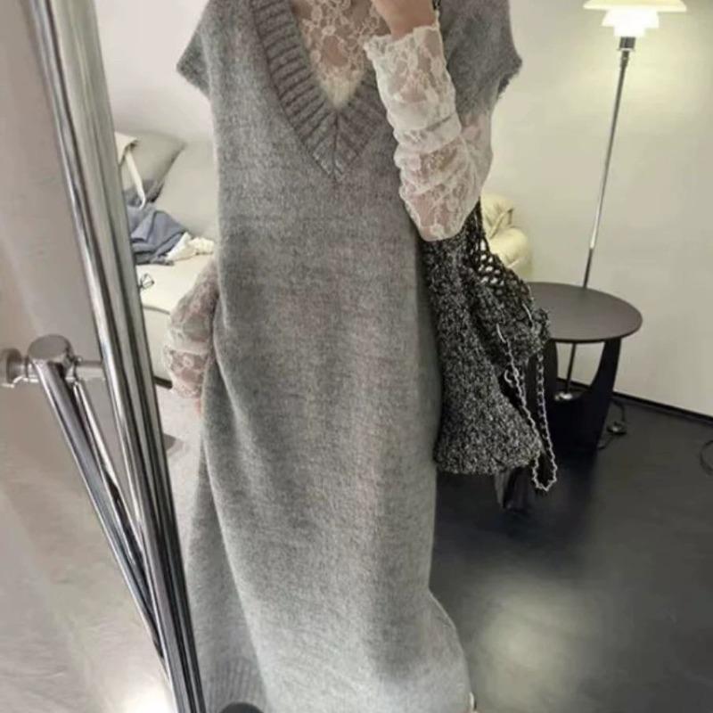 Autumn and Winter New Gentle Wind Solid Color Medium and Long Vest Sweater Skirt Women's Loose Lazy Wind Knitted Dress
