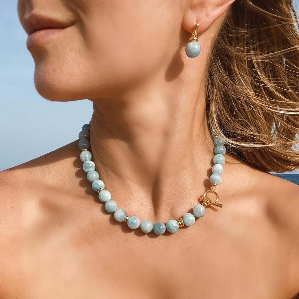 Summer Beach Jewelry Dainty Layering Choker Chunky Gemstone Genuine Aquamarine Beaded Necklace with Gold Toggle Clasp