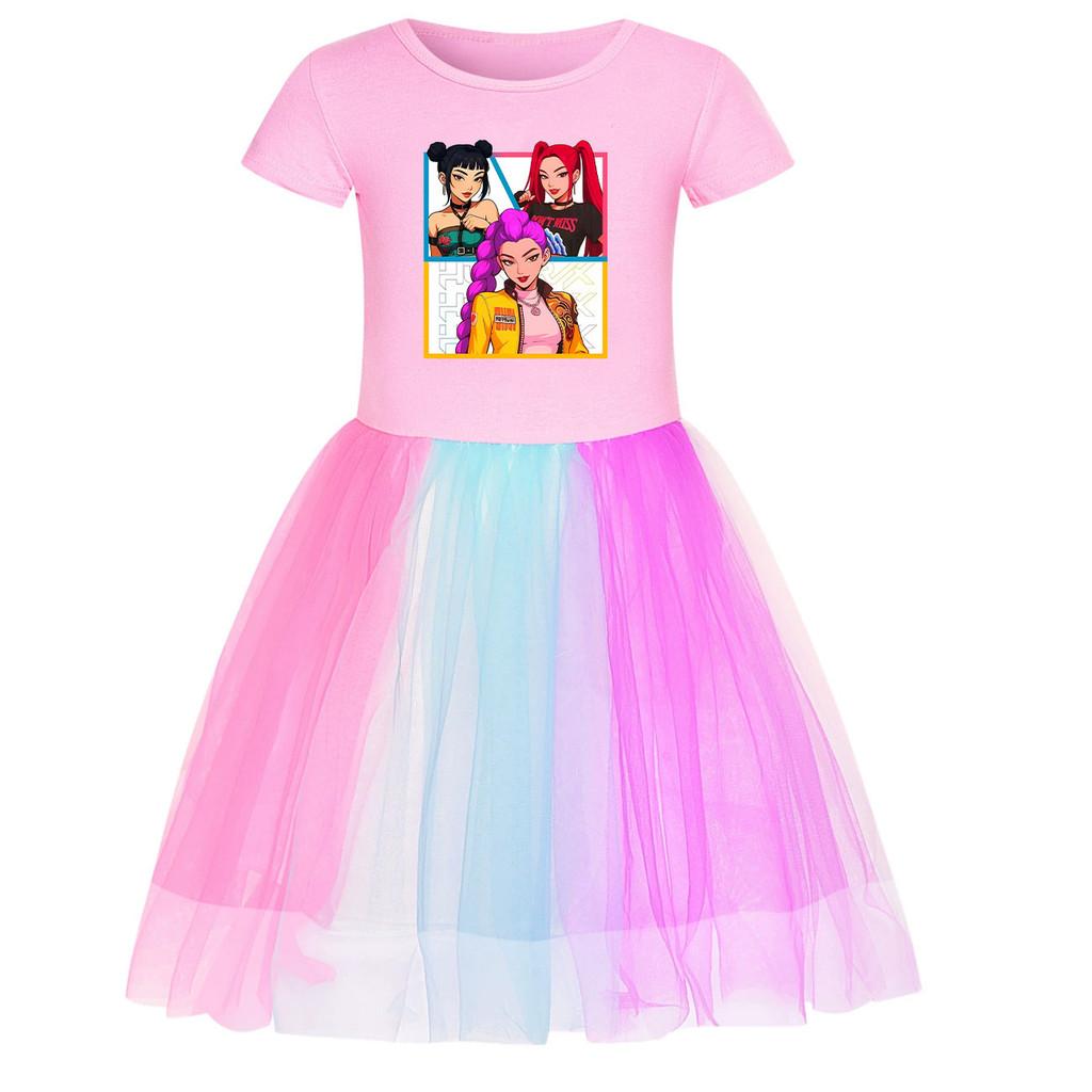 4177 Kids Girls Kpop Demon Rumi Zoey Mira Hunters Cartoon Print Rainbow Dress 110cm розовый