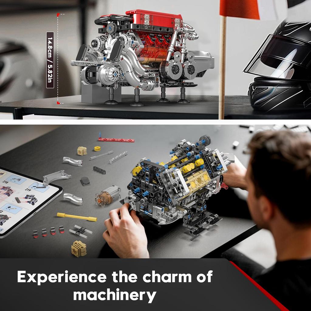 Mould King 10163 Technology W16 Engine Block 955 Pieces Engine Block Set Gifts for Boys and Girls Toy, (Red)