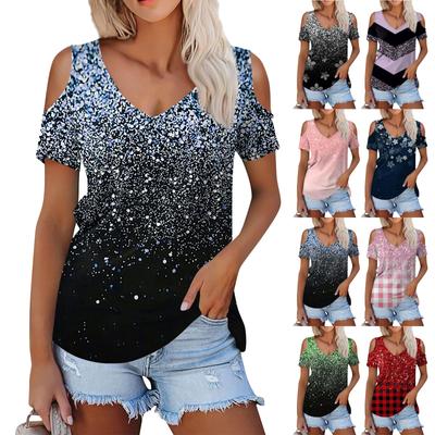 Ladies Summer Fashion Casual  Printed Strapless V-Neck Short Sleeve T-Shirt Top