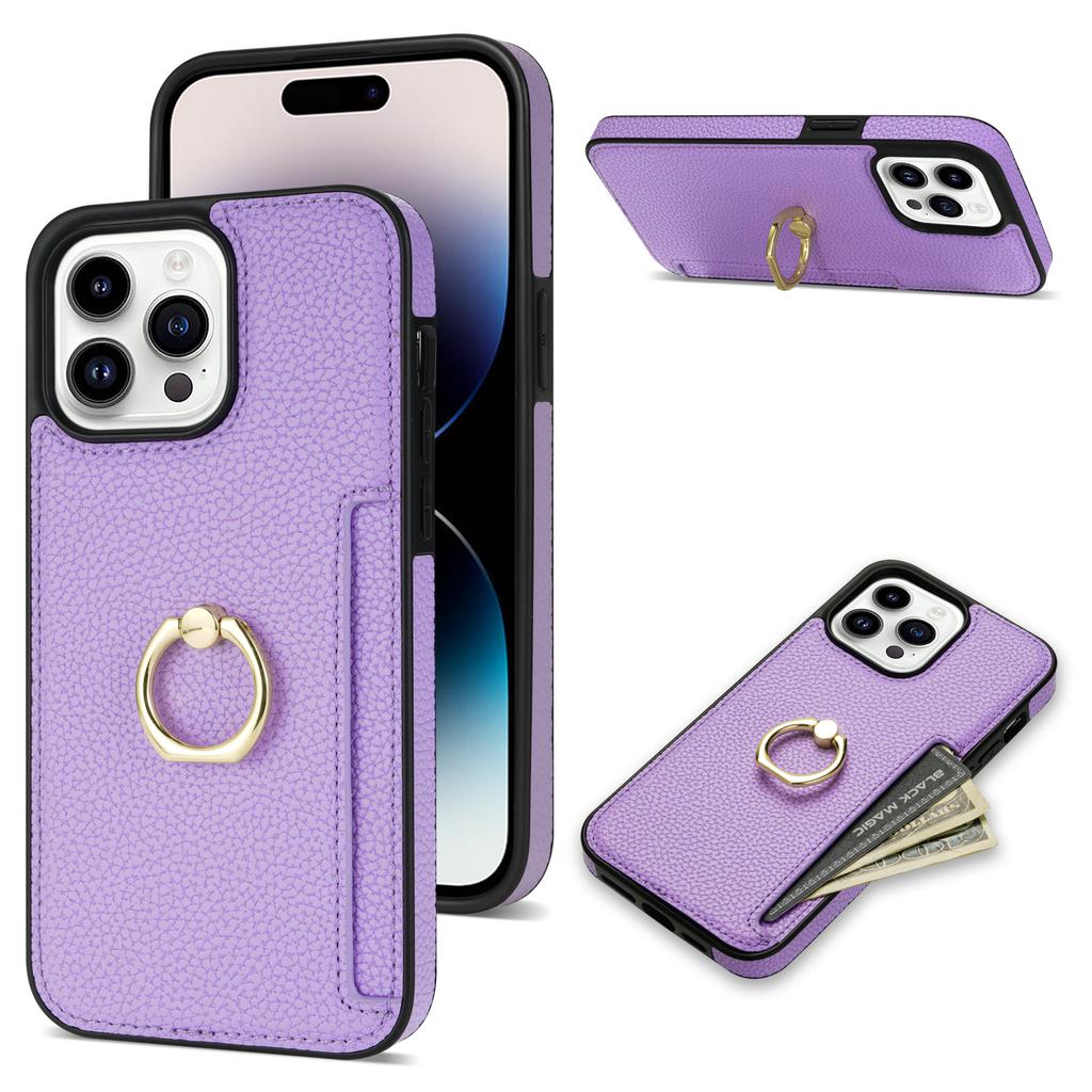 Compatible with iPhone 16 Case, 17 Pro Litchi-patterned Ring Buckle Stand, Card Slot, Wallet, Shockproof Case, 14 Plus