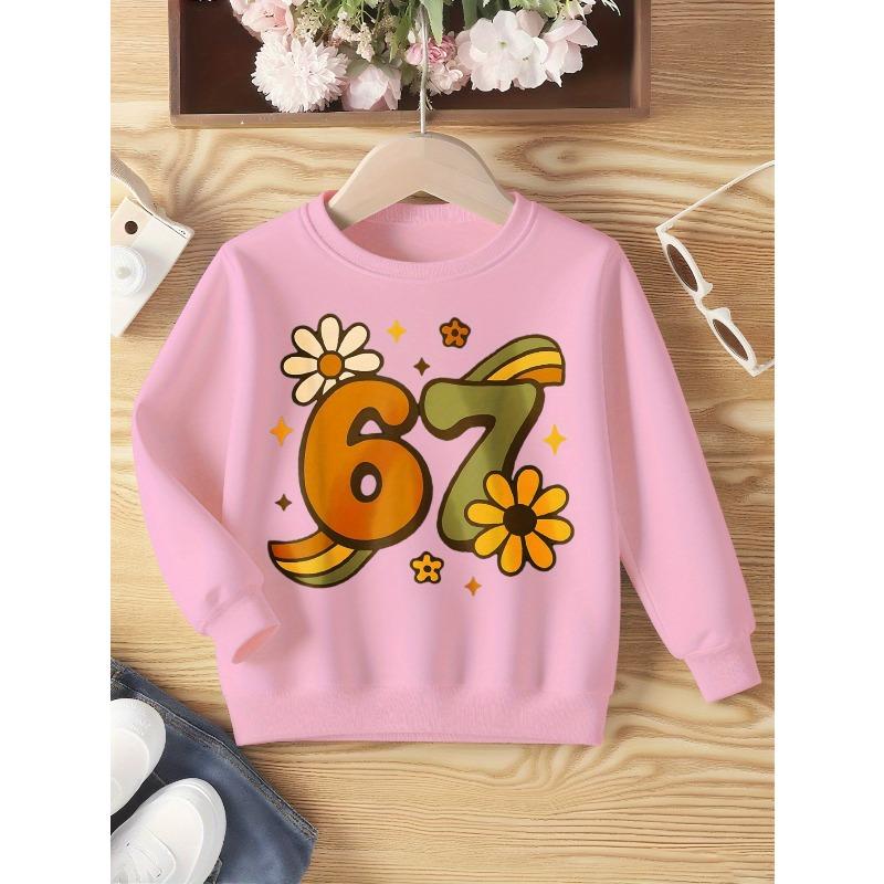 Kids Unisex Black Crewneck Sweatshirt, Retro Daisy Rainbow Star 67 Number Graphic Long Sleeve Pullover, Soft Fleece Sweatshirts for Boys Girls Ages 4+
