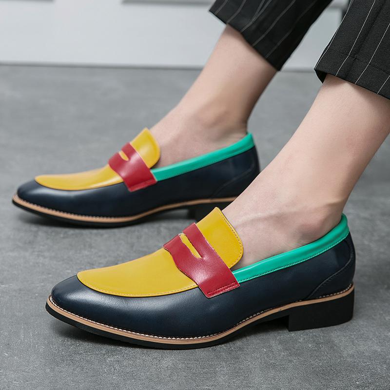 Britain Retro Colour Mix Patchwork  Pointed  Flats Oxford Shoes Men Casual Loafers Formal Dress Footwear Sapatos Tenis Masculino