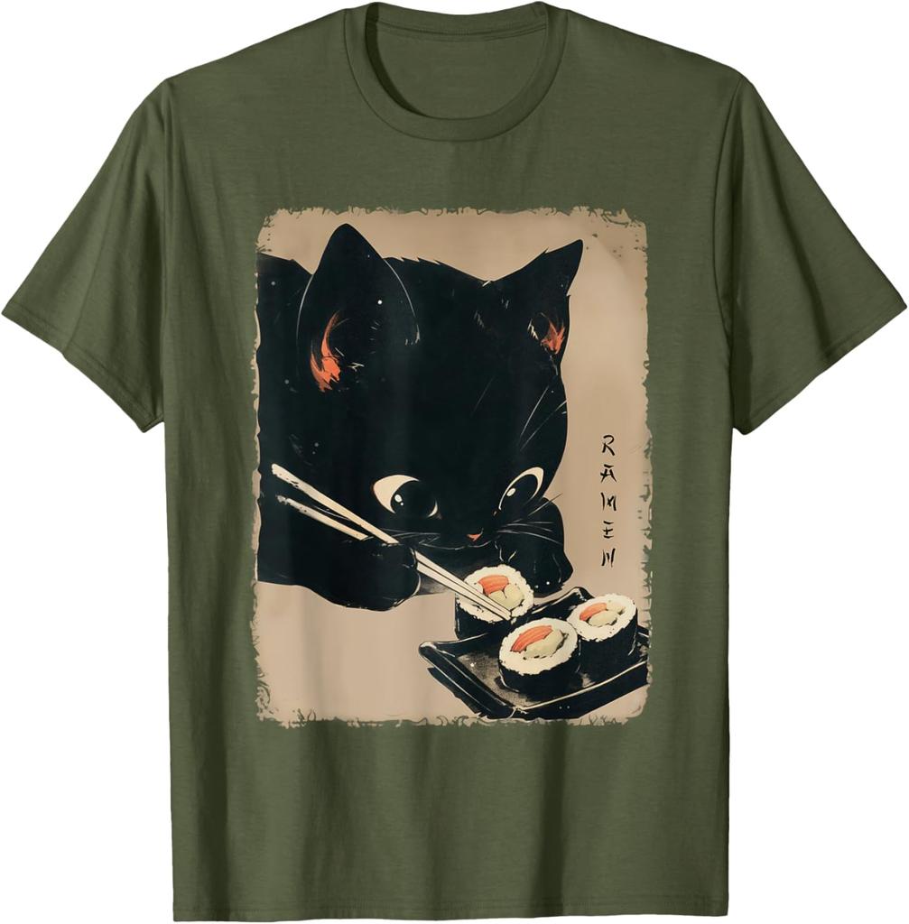 Kawaii Cat Eating Sushi Funny Japanese Anime Cute Cat Girls TShirt