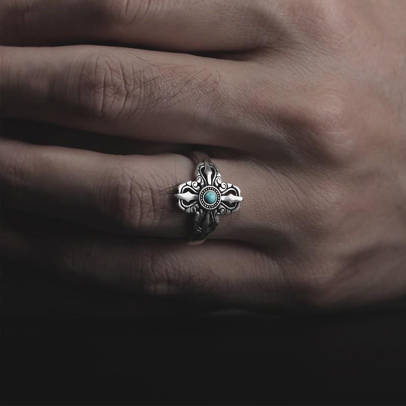 Vintage Cross Vajra Ring With Natural Turquoise Inlay Sterling Adjustable Unisex Jewelry